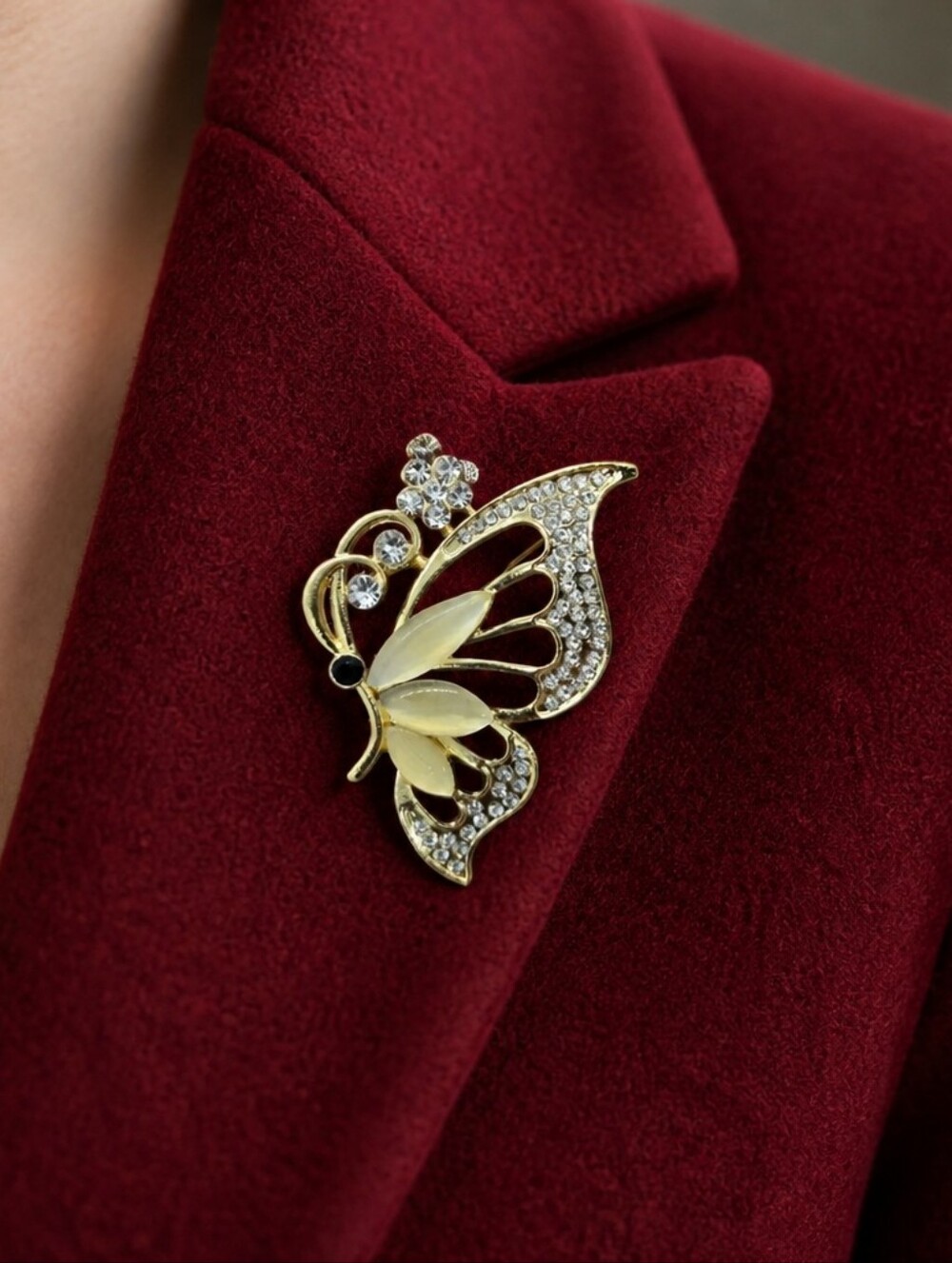 Elegant Gold Butterfly Rhinestone Brooch Pin Large Statement Lapel Accessory